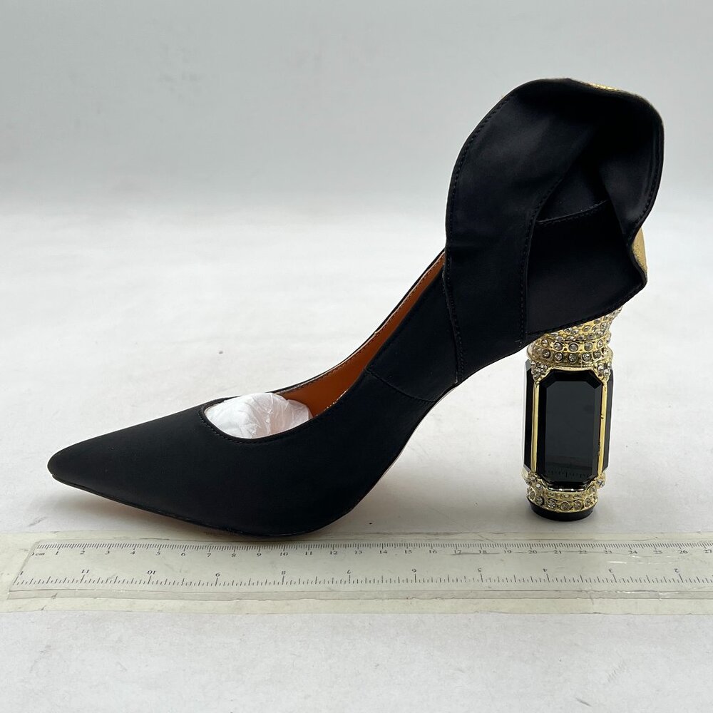FSJ Black Graceful Satin Pumps Pointed Toe Crystal Block High Heel Slip On Shoes - Picture 2 of 8